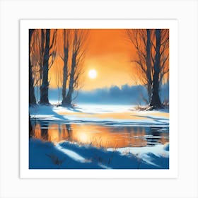 Lakeside Trees in the Glow of a Winter Sun Art Print