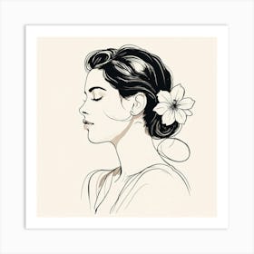 Portrait Of A Woman,A Single Elegant Line Drawing Of A Womans Profile With A Flower Art Print