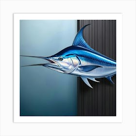 A Breathtakingly Rendered Illustration Of A Majestic Bluefin Marlin, Meticulously Mounted On A Sleek, Dark Stained Wooden Wall, With Meticulous Attention To Detail, Showcasing The Fish S Iridescent Blue And Silver Scales Glimmering 3 Art Print