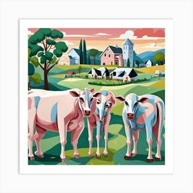 Dairy Cows And Village Cubism Style Art Print