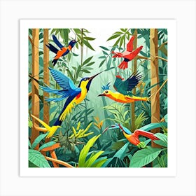 Rainforest Birds In Flight Cubism Style Art Print