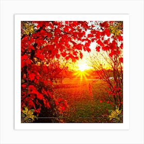 An Array Of Sun Kissed Leaves In Blazing Autumn Hues Captured Within An Ornate Seasonal Frame With (4) Art Print