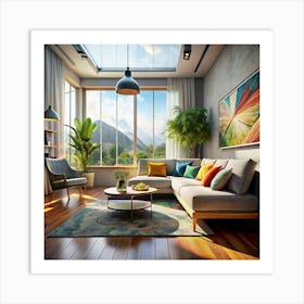 Modern Living Room With Mountain View Art Print