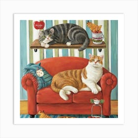 Couch Potato Cat Paradise Print Art - Imagine Cats Lounging On Comfy Sofas With Snacks Art Print