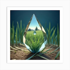 A Crystal Clear, Diamond Shaped Prism Encases A Single Blade Of Grass And A Levitating Water Droplet, Set Against A Backdrop Of A Green Field And Blue Sky Art Print