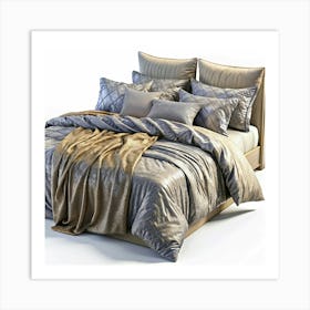 Luxurious Bed With Gold And Grey Bedding Art Print