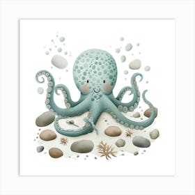 Storybook Style Octopus With Rocks 1 Art Print