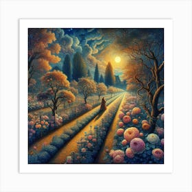 Into The Garden Tending To Enchanted Rose Gardens Under Amsterdam S Moonlight Style Gothic Floral Expressionism (2) Art Print