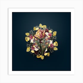 Vintage Tulip Flower Wreath on Teal Blue Art Print