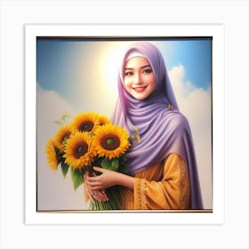 Purple Hijab and Yellow Dress: A Realistic Portrait of a Smiling Woman with Sunflowers Art Print