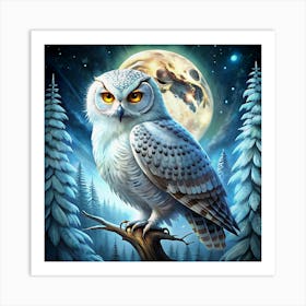 White Owl In The Forest At Night Art Print