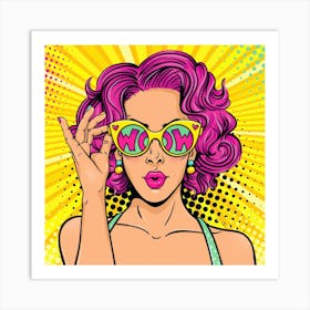 Pop Art Purple Haired Girl With WOW Sunglasses Art Print