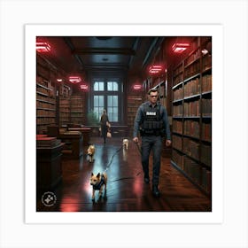 Police Officer Walking Dogs In Library 1 Art Print