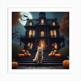 Halloween House With Cat And Pumpkins Art Print