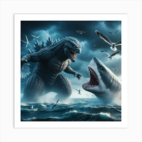 Godzilla Vs Shark 1 Art Print