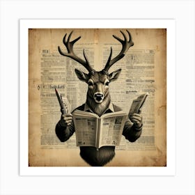 Deer Reading Newspaper 3 Art Print