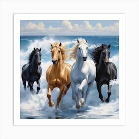 4 Horses Running In The Ocean Art Print