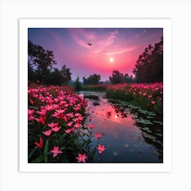 Pink Flowers On The Pond Art Print