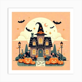 Halloween House With Pumpkins At Night - Cute Vector style Illustration Art Print