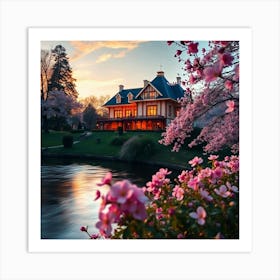 Cherry Blossoms By The Lake Art Print