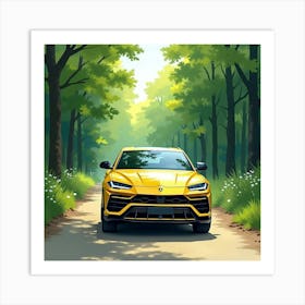 Lamborghini Urus In Watercolor Style Driving Through A Lush Green Forest 1 Art Print