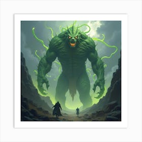 A Giant Creature Made Of Stone And Glowing Vines Rising 1 Art Print