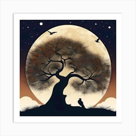 Landscape With Tree On Full Moon Night Art Print