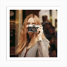 Firefly Young Lady, Posing, Camera, Blurry Effect, Shop Window, Retro Style, Minimal Colors, Soft Fo (9) Art Print