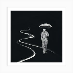 ine path. The man is dressed in a vintage ensemble, holding onto an old-fashioned umbrella. The path is shrouded in complete darkness, with only the faint silhouette of the man and the subtle outlines of the winding path visible. The ink lines are bold and dramatic, creating an atmosphere of mystery and suspense. Art Print