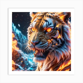 Roaring tiger engulfed in flames  Art Print