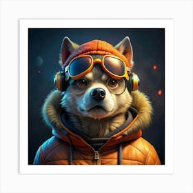 Cool Dog Wearing Headphones, Glasses, And A Hoodie 1 Art Print