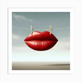 Red Lips Hanging From Clothesline Art Print