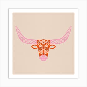 Floral Longhorn   Pink And Orange Square Art Print