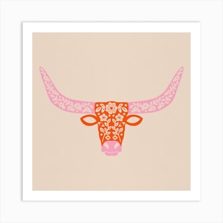 Floral Longhorn   Pink And Orange Square Art Print