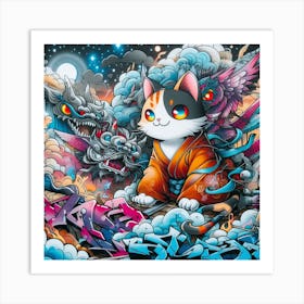 Samurai Cat Japanese Art Art Print