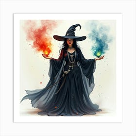 Black Magic Sorceress With A Colorful Watercolor Spell 1 Art Print