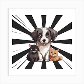 Three Cats And A Dog Art Print