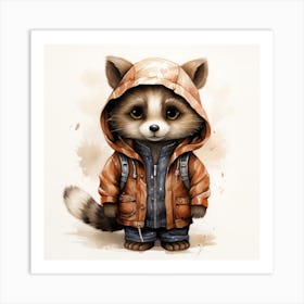 Watercolour Cartoon Raccoon In A Hoodie 3 Art Print