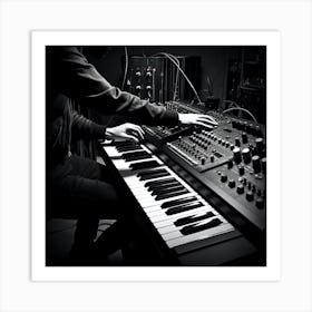 Black And White Image Of A Man Playing A Keyboard Art Print