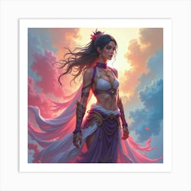 Fighter With Magical Aura, Colorful Watercolor Backdrop 1 Art Print