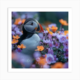 Puffin In Flowers Art Print