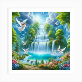 Angels And Waterfall 1 Art Print