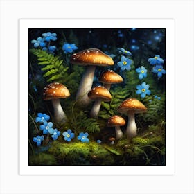 Forest Funghi, Ferns and Forget-me-nots Art Print