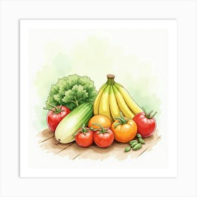 Charming Watercolor Depiction Of Fresh Produce With An Artistic And Gentle Background 1 Art Print