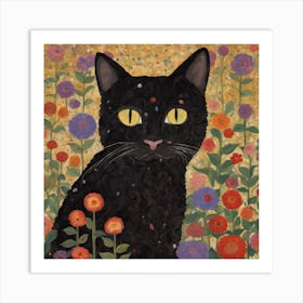 Black Cat In Flowers Poster