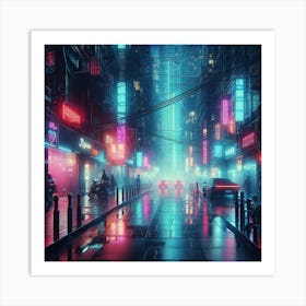 Dark city streets with neon lights Art Print