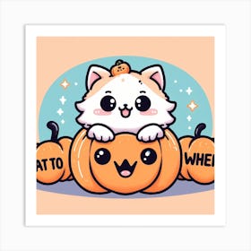 Cute Cat On Pumpkin Halloween Kawaii Anime Cartoon Design Art Print