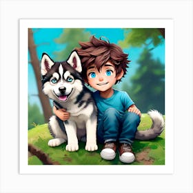 Boy With Dog in Forest Art Print