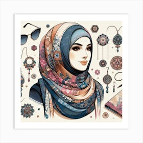 Hijab Fashion: A Digital Art of a Woman with Colorful Accessories Art Print