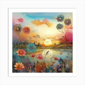 Sunset With Flowers 4 Art Print